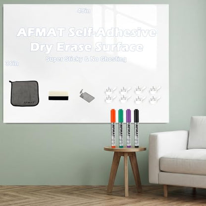 AFMAT White Board Dry Erase Paper, 48" x 36" Whiteboard Wallpaper, with 4 Markers, Stain-Proof & Super Sticky, No Ghost, 4' x 3' Peel and Stick Dry Erase Board Paper Roll for Wall/Home/Office,WS23E - size: 36''x48''