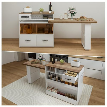 Kitchen Island Storage & Seating, Wheeled & Extendable Table for Kitchen | 360° Swivel Countertop,Built-in Power Outlet,Lockable Casters,Glass Door Storage,Farmhouse Two-tone Finish,White Oak,Drawers