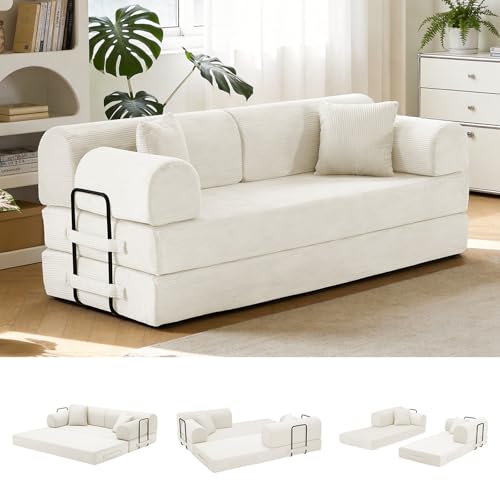 78.8" Convertible Sofa Bed with High Back,Boneless Couch for Living Room | Corduroy Memory Foam Boneless Couch, Sleeper Loveseat, High Back Support Futon Couch,2 Pillows, No Assembly,Beige - color: Beige, size: 79" High Backrest Sofa with Pillows