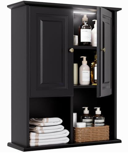 HAIOOU Bathroom Wall Cabinet with Motion Sensor Light, 23.6 Inch - Black | Wooden Wall Mounted Medicine Cabinet with Adjustable Shelf, Soft Close Hinges for Over the Toilet Bathroom Storage - color: Black