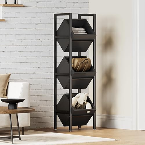 LITTLE TREE 3-Tier Basket Stand, Wooden Floor Stand Shelving Unit, Rustic Standing Organizer Storage Rack for Kitchen, Bathroom, Living Room (Black, 2) - color: Black, size: 3-Tier
