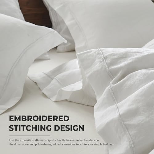 Simple&Opulence 100% Washed Linen Duvet Cover Set with Embroidered,2 Pieces Soft Farmhouse Comforter Set with Button Closure,1 Duvet Cover and 1 Pillowsham(Twin,White) - color: Embroidery White, size: Twin