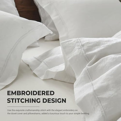 Simple&Opulence 100% Washed Linen Duvet Cover Set with Embroidered,3 Pieces Soft Farmhouse Comforter Set with Button Closure,1 Duvet Cover and 2 Pillowshams(Full,White) - color: Embroidery White, size: Full