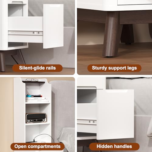 Tall Nightstand with Charging Station, Narrow Side Table with Bookshelf | 47" Tall Free Standing Wooden Night stand with 2 Drawers and 4 Open-Shelves, Modern End Bedside Table for Bedroom, White - color: White, size: Tall (2 drawer)