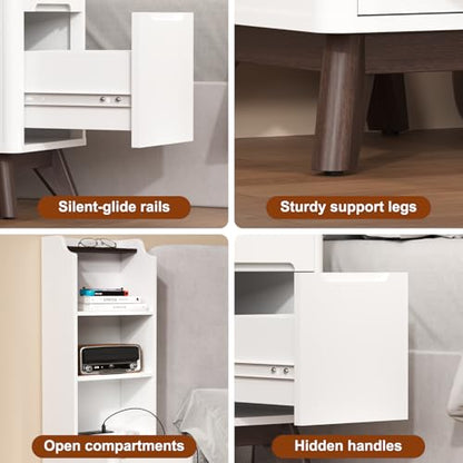 Tall Nightstand with Charging Station, Narrow Side Table with Bookshelf | 47" Tall Free Standing Wooden Night stand with 2 Drawers and 4 Open-Shelves, Modern End Bedside Table for Bedroom, White - color: White, size: Tall (2 drawer)