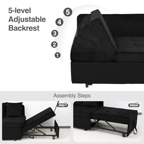 Convertible Sofa Bed 4-in-1 Pull Out Couch, Ottoman Bed Sleeper, Black | Velvet Love seat Couch Sleeper Chair Bed with USB Ports, 5 Adjustable Backrest and Pillow for Living Room Apartment Office - color: Black
