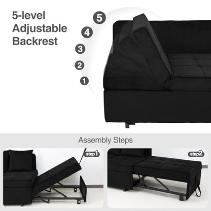 Convertible Sofa Bed 4-in-1 Pull Out Couch, Ottoman Bed Sleeper, Black | Velvet Love seat Couch Sleeper Chair Bed with USB Ports, 5 Adjustable Backrest and Pillow for Living Room Apartment Office - color: Black