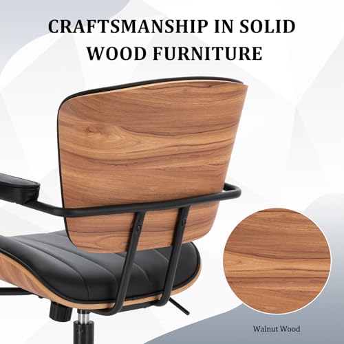 Mid Century Modern Walnut Leather Office Chair with Arms, Black | Fixed walnut bentwood back with armrests, height-adjustable swivel rolling base, PU leather seat, ideal for home office use - color: Black