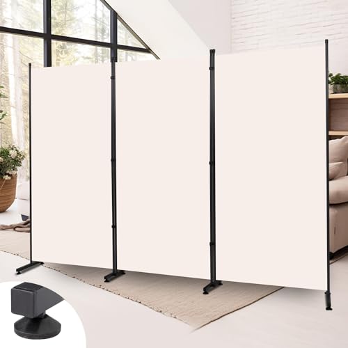 Room Divider 3 Panel Folding Privacy Screen, Round Pad Design Wall Divider | 71''Hx102''W, UV Protection Fabric, Wobble-free Metal Frame, Large 3 Panel Partition Room Dividers, Indoor Window Blackout - color: Beige