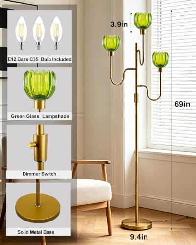 Lightdot Dimmable Green Glass Floor Lamp Mid Century Modern Gold Floor Lamps with Warm White Bulbs Included 3-Arm Standing Tall Lamp with 5Lbs Heavy Base for Living Room/Bedroom/Home Office - color: 3 Green Tulip-Gold