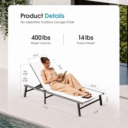 Foldable Outdoor Lounge Chair, No Assembly Patio Chaise Lounge Outdoor with 5-Positions, Aluminum Pool Lounge Chair with Portable Design for Pool, Beach, Deck, Backyard, White - color: White-upgraded, size: 1 Pack