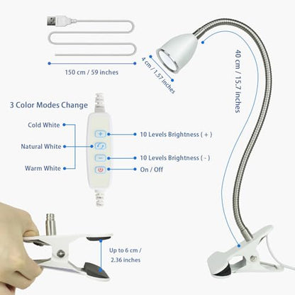 Desk lamp Eye-Caring Table Lamps, 360°Rotation Gooseneck Clip on Lamp Reading Light, Portable Reading Book Light, Clamp Light, Study Desk Lamps for Bedroom and Office Home Lighting (White with Dimme) - color: White with Dimmer