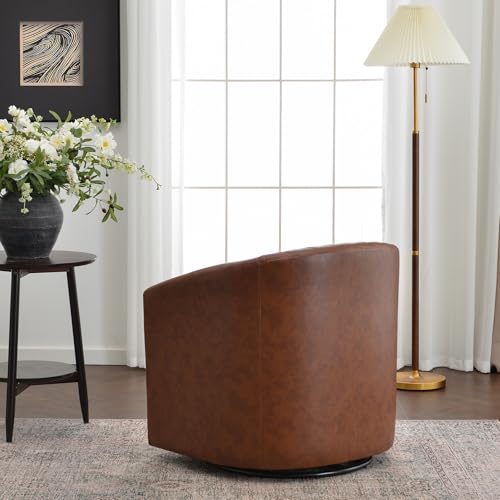 KINWELL 29" W Faux Leather Tufted PU Swivel Barrel Accent Chair, Brown | No Assembly Vegan Leather Upholstered Swivel Club Chair with Nailhead Trim, Modern Armchair for Small Spaces Apartment - color: Saddle Brown, style: Set of 1