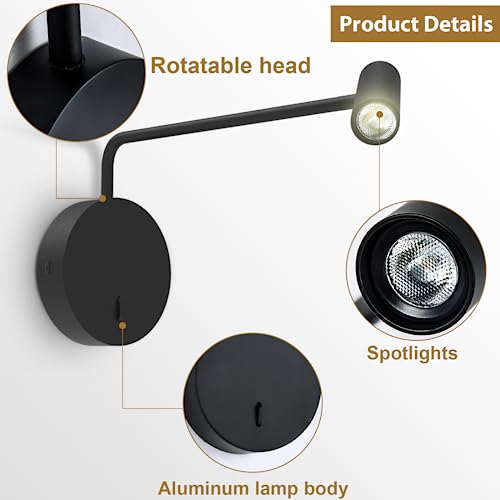 ZEROUNO Wall Mounted Reading Light for Bedroom LED Hardwired Sconce with Switch on/Off Modern 3000K Swing Arm Bedside Wall Mount Lamp (Black) - color: Black