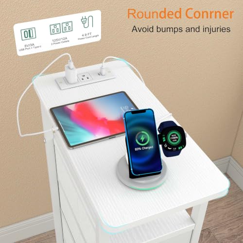 sthmec Nightstand Set 2 with Charging Station, Narrow End Table Set of 2 with 4 Drawers, LED Side Table with Fabric Drawers,Slim Sofa Couch Tables for Small Spaces,Living Room,Bedroom, White - color: White, style: Power & LED