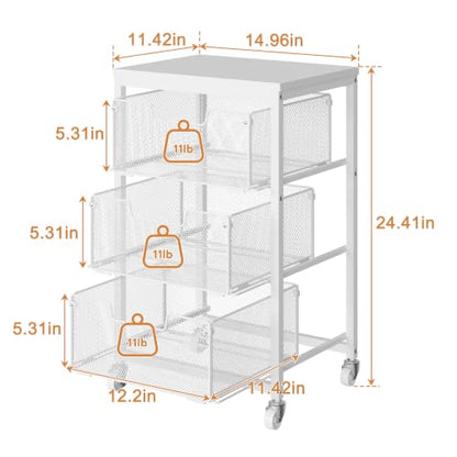 Kitchen Cart with Storage, 3-Tier Pantry Organizer and Storage Cart with Drawer, Fruit Vegetable Storage Cart with Wheels, Wooden Top Metal Wire Kitchen Organizer Rack Stand for Snack Onion Potato - size: 3-Tier White