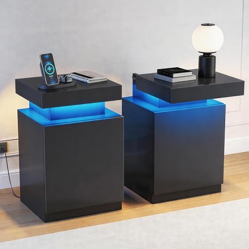 Nightstands Set of 2, 17.7 Inches LED Night Stand Set 2 with Power Outlets, Bedside Table with Sliding Top Storage, Modern End Table for Bedroom, Black - color: Black-17.7"