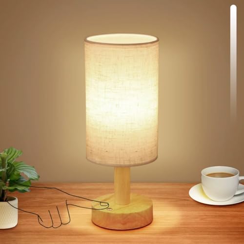Rechargeable Cordless Touch Table Lamp with Stepless Dimming,Natural Wood Base&Linen Shade,Small Battery Wireless Ambient Night Light for Bedroom,Bedside,Nightstand,Nursery,Kitchen,Camping,Outdoor - size: Round - Cordless Touch - Set of 1