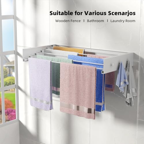 ZMBESUP Upgrade Wall Mounted Drying Rack with 6 Hooks, 31.5" Foldable Laundry Rack, 5 Rods & Hooks Space Saver for Bathroom, Collapsible Clothing Rack with Template for Indoor Outdoor (White) - size: 31.5'' Upgrade