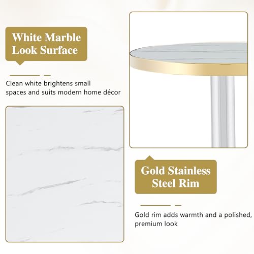 TesNus 23.6" Small Round Dining Table for 2, Circle Tulip Table, Faux Marble Top with Silver Metal Pedestal Base, Modern Leisure Coffee Table for Small Spaces, Cafe, Office, White&Silver - color: White Top&silver Base