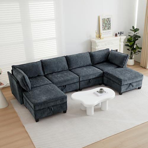 U Shaped Couch with Storage, Modular Sectional U Sleeper Sofa Cama Moderno Sets for Home Living Room, Lounge Sofa Couch Sectional Convertible for Bedroom, Office - color: Navy Blue, size: U Shaped