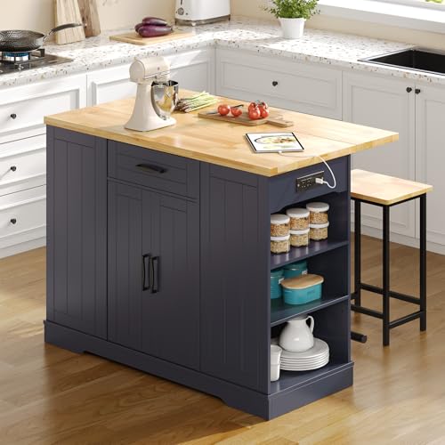 47" Kitchen Island with Seating, Stationary Island Table with Storage Include 2 Chairs, Kitchen Islands with Drop Leaf, Dining Table with Trash Cabinet & Power Outlet & Spice Rack, Blue - color: Blue