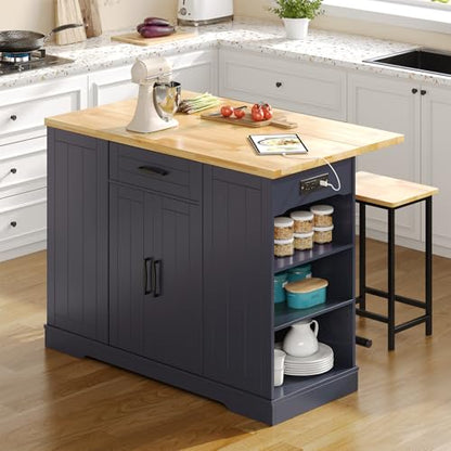 47" Kitchen Island with Seating, Stationary Island Table with Storage Include 2 Chairs, Kitchen Islands with Drop Leaf, Dining Table with Trash Cabinet & Power Outlet & Spice Rack, Blue - color: Blue