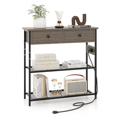GIANTEX Industrial Console Table with Outlets, 3-Tier Narrow Entryway Table | Long Sofa Table w/ USB Ports, 2 Storage Drawers, Entry Table for Living Room, Hallway, Corridor, Behind Couch Use, Gray