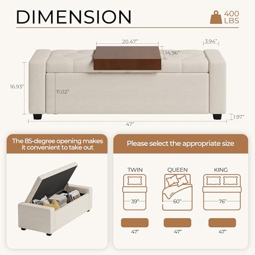 Storage Ottoman Bench with Tray,47" Ottoman with Storage for Living Room, Rectangular Bench with Cushion and Safety Hinge for Bedroom,Holds up to 400 lb,Beige - color: Beige+tray