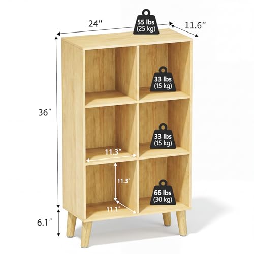 6 Cube Storage Organizer with Legs, 3 Tier Cube Low Bookcase Freestanding Storage Display Organizer for Home Office, Six-Cubes Open Shelf Bookshelf (Natural Oak, 6 Cube Vertical) - color: Natural Oak, size: 6 Cube Vertical