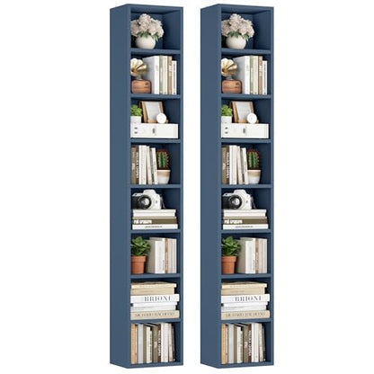 FOTOSOK 2 Pcs 71'' Tall Narrow Bookshelf, 8-Tier Media Tower Rack Set of 2 | CD DVD Storage Cabinet with Adjustable Shelves, Tall Narrow Bookcase Skinny Display Bookshelf Slim Shelf, Blue - color: Blue