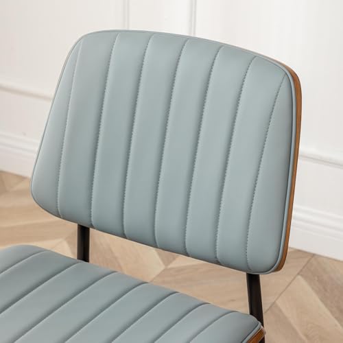 LUNLING Dining Chairs Set of 2,Mid Century Modern Retro Faux Leather Chair with Walnut Bentwood Upholstered Seat Metal Legs Adjustable Foot for Kitchen Dining Room Chairs(Blue) - color: Blue, size: Set of 2