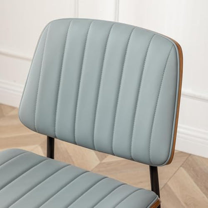 LUNLING Dining Chairs Set of 2,Mid Century Modern Retro Faux Leather Chair with Walnut Bentwood Upholstered Seat Metal Legs Adjustable Foot for Kitchen Dining Room Chairs(Blue) - color: Blue, size: Set of 2
