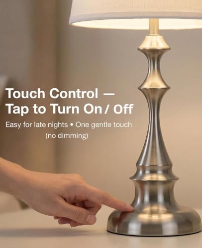 Touch Table Lamps Set of 2, 20.47" Rustic Bedside Lamps for Night Stand | Silver Brushed Nickel Metal, White Linen Shade, Farmhouse Nightstand Light for Bedroom, Living Room End Table, Entryway