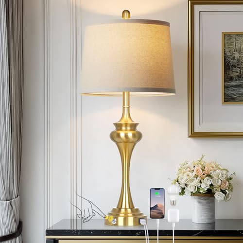 Rinweey 30 Inch Single Table Lamp for Bedside, 3-Way Touch Control Bedroom Table Lamp with USB A+C Ports, Tall Living Room Lamps for End Table, Modern Brass Lamps for Nightstand Desk Office, Gold - color: Gold-30"H-1PK