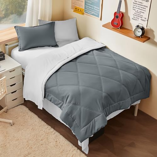 Joiedomi Twin Comforter Set with Sheets Dark Grey, 5 Pieces Twin Bedding Sets with 1 Down Alternative Comforter, 1 Flat Sheet, 1 Fitted Sheet, 1 Pillowcase and 1 Pillow Sham, Bed in a Bag All Seasons - color: Dark Grey, size: Twin