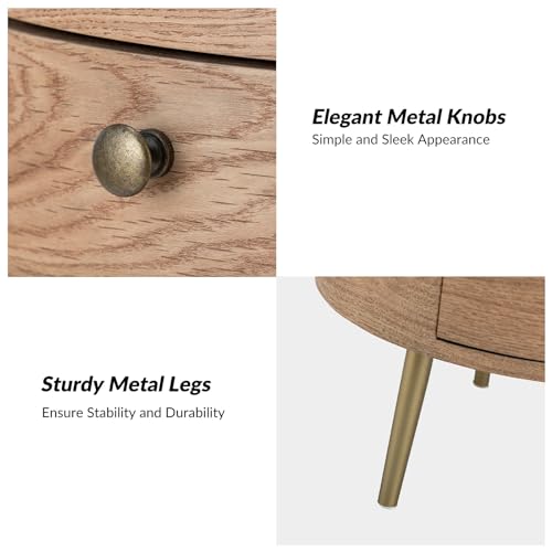 HULALA HOME Round End Table with 3 Storage Drawers, Mid Century Modern Sofa Side Table with Metal Legs, Farmhouse Wood Small Side Table for Living Room, Bedroom and Small Spaces, Oak - color: Oak