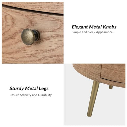 HULALA HOME Round End Table with 3 Storage Drawers, Mid Century Modern Sofa Side Table with Metal Legs, Farmhouse Wood Small Side Table for Living Room, Bedroom and Small Spaces, Oak - color: Oak