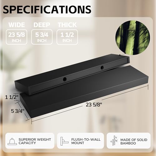 BAMEOS Bamboo Floating Shelves Wall Mounted Wooden Shelves with Invisible Brackets Set of 2, Hanging Wall Decor for Bedroom, Bathroom, Living Room and Kitchen - color: Black