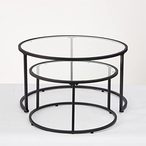 Modern Nesting Glass Coffee Table Set of 2, Round Tempered Glass Coffee Table for Living Room & Bedroom, Space-Saving Design with Adjustable Feet (Large Size + Black Frame) - color: Large Size + Black Frame