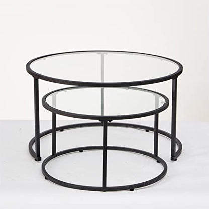 Modern Nesting Glass Coffee Table Set of 2, Round Tempered Glass Coffee Table for Living Room & Bedroom, Space-Saving Design with Adjustable Feet (Large Size + Black Frame) - color: Large Size + Black Frame