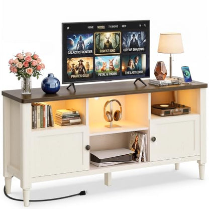 55" Farmhouse TV Stand with LED Lights & AC/USB Outlets | Rustic White Entertainment Center for TVs up to 65 Inch, Media Console Table with Storage Cabinets for Living Room Bedroom - color: Rustic White + Cracked Oak
