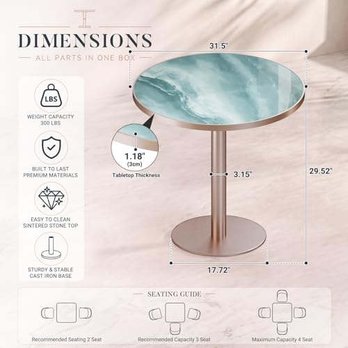 31.5'' Tulip Table, Round Dining Table with Glossy Sintered Stone Tabletop | Rose Gold Aluminum Alloy Edge & Pedestal, Small Bistro Table for Dining Room/Café/Small Spaces/Restaurant (Aqua Jade) - color: Aqua Jade (Rose Gold), size: Round