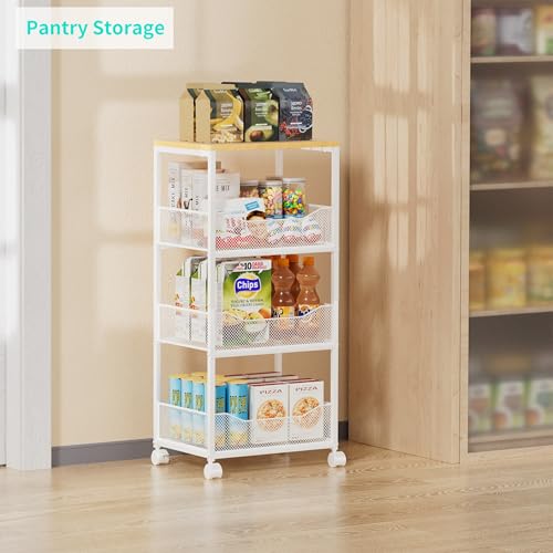 HapiRm Fruit Basket Kitchen Cart - 4-Tier Rolling Storage Cart with Wheels, Wood Top Utility Pantry Cart for Vegetables, Potatoes, Onions, Bread, Snacks - color: White