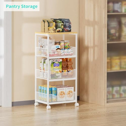 HapiRm Fruit Basket Kitchen Cart - 4-Tier Rolling Storage Cart with Wheels, Wood Top Utility Pantry Cart for Vegetables, Potatoes, Onions, Bread, Snacks - color: White