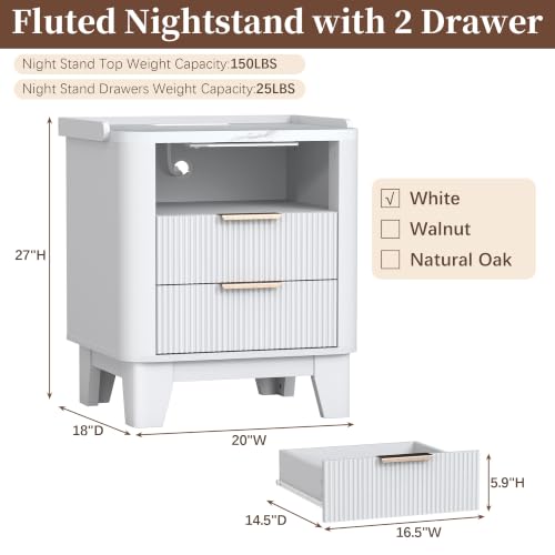 Baoz White Fluted Nightstand with Charging Station & 2 Drawers for Bedroom | 20" Wide Mid Century Modern Bedside Table Wood Faux Marble Top Curved Profile Design 27in Tall LED Night Stand - color: White, size: 2 Drawers