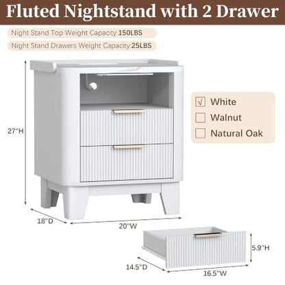 Baoz White Fluted Nightstand with Charging Station & 2 Drawers for Bedroom | 20" Wide Mid Century Modern Bedside Table Wood Faux Marble Top Curved Profile Design 27in Tall LED Night Stand - color: White, size: 2 Drawers