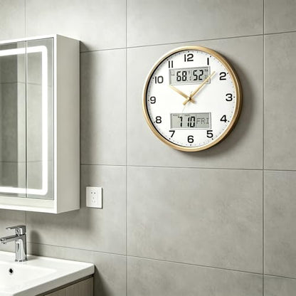 13" Gold Battery Powered Silent Wall Clock | Calendar, Temperature, Humidity, J-3728 - color: Gold