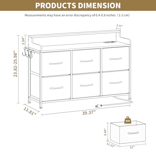 6 Drawer Dresser with Charging Station & LED, Storage Organizer for Bedroom | White Fabric Dresser, Chest of Drawers, TV Stand, Adjustable LED Light, Sturdy Frame, Wood Top, Side Hooks, Fits Small Spaces - color: White