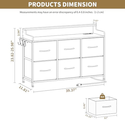 6 Drawer Dresser with Charging Station & LED, Storage Organizer for Bedroom | White Fabric Dresser, Chest of Drawers, TV Stand, Adjustable LED Light, Sturdy Frame, Wood Top, Side Hooks, Fits Small Spaces - color: White